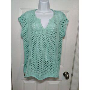 Caribbean Joe Open Knit Aqua Green Coverup Sweater Boxy Fit W Tassels M